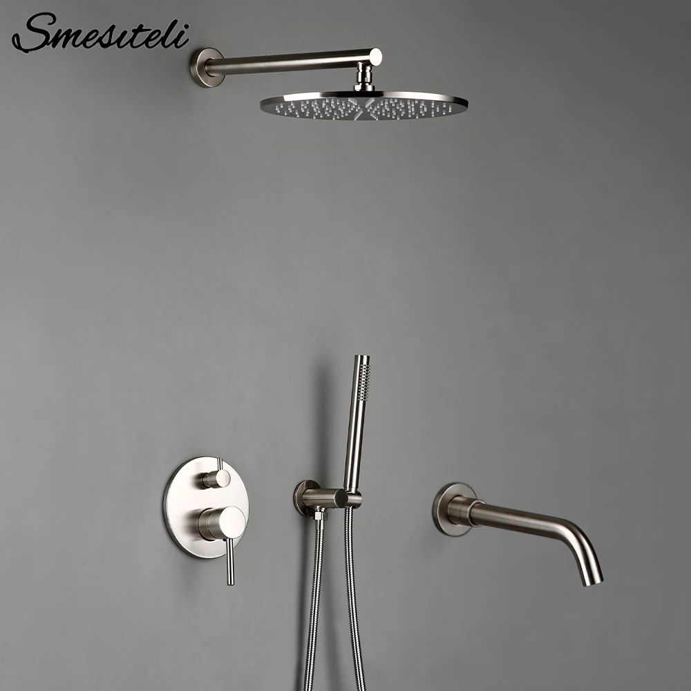 

Комплект для душа с насадками для ванны 8-12 дюймов, матовый латунный переводной смеситель из нержавеющей стали, с ручным рычагом и клапаном