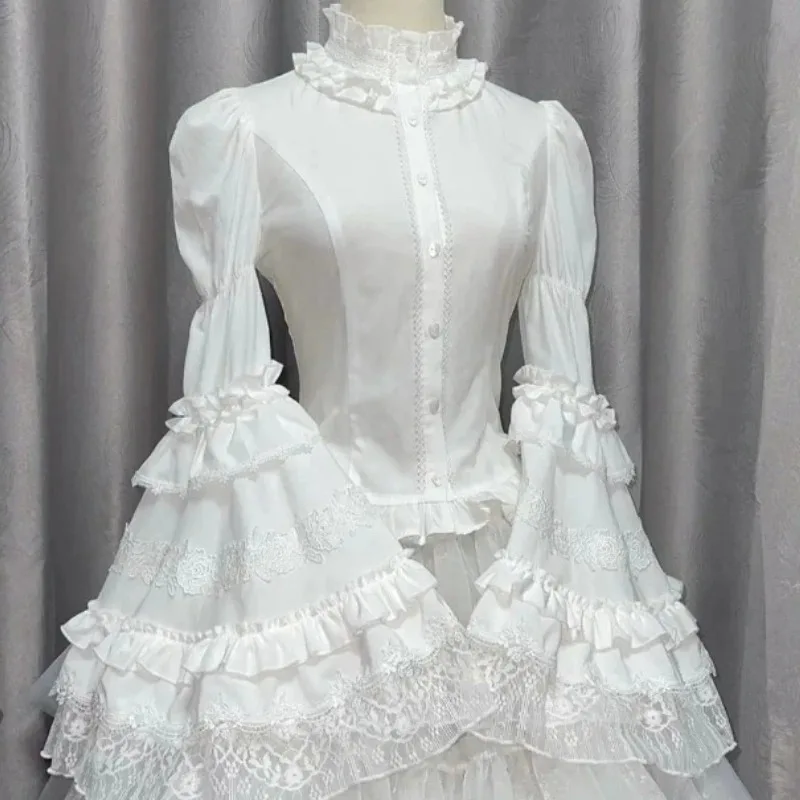 

Милая блузка в стиле Лолиты, женская одежда 2025 Camisas De Mujer, рубашка с расклешенными рукавами и воротником-стойкой, оборки, лоскутные кружевные белые топы