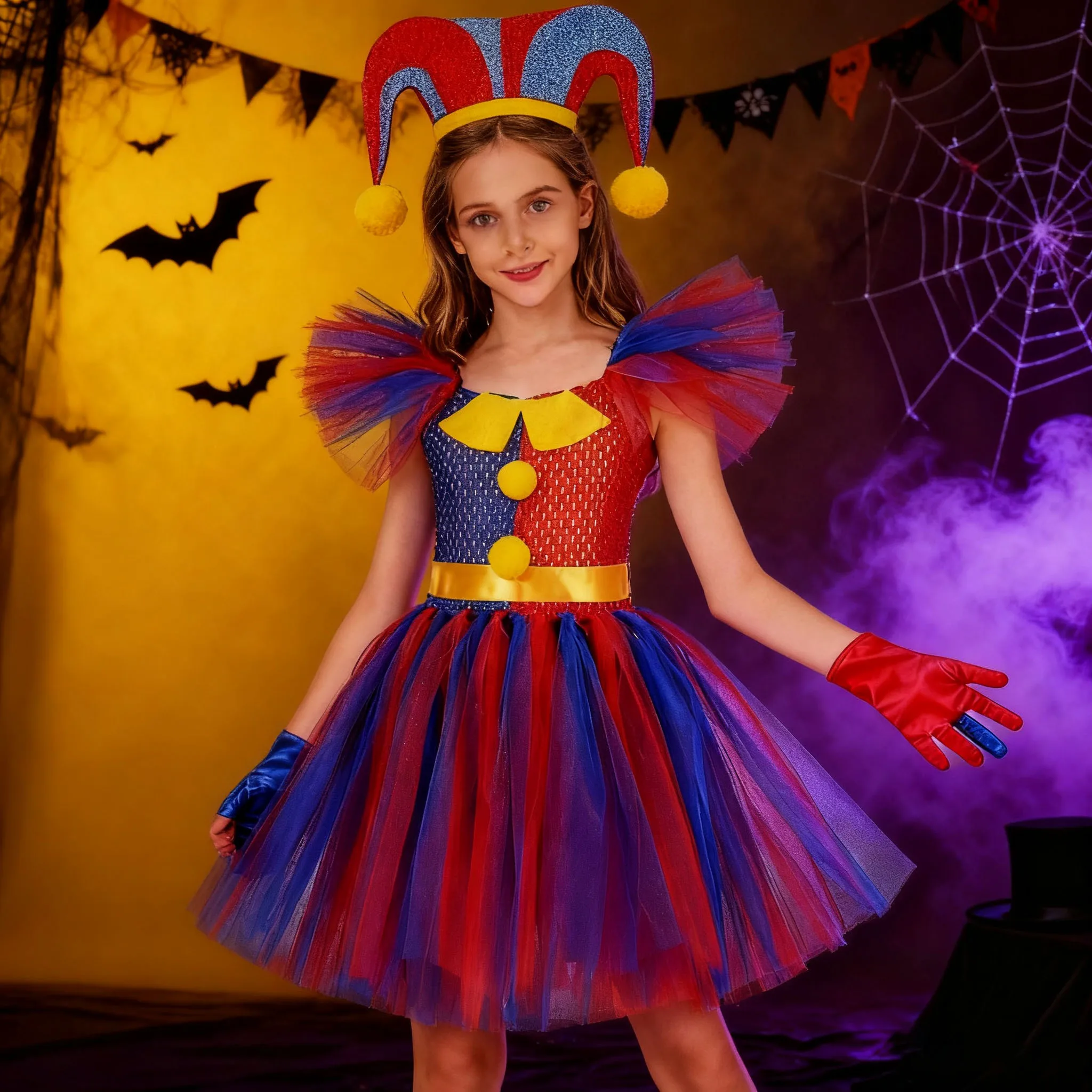 

Halloween Costume Children Blue Red Clown Dress For Girl Mesh Fluffy Circus Outfit Set Kid Fancy Dress Up Carnival Party Clothes