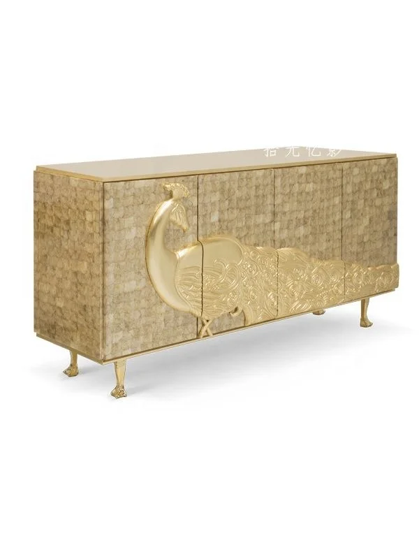 & Solid Wood Shell-Shape Peacock TV/Wine Cabinet American Style Gold-Leaf Custom Entryway Cabinet Artistic Carved Sideboard