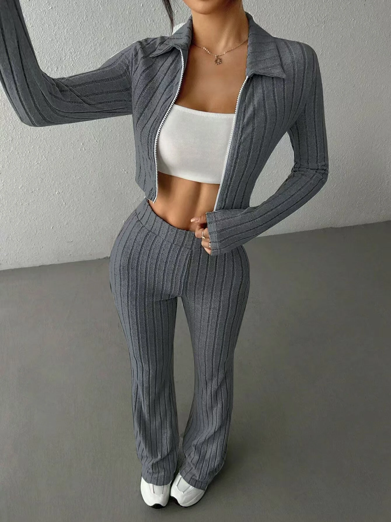 

Модный повседневный цветной комплект из топа и брюк на молнии с высокой талией, длинные брюки, осенняя одежда для женщин, облегающий крой