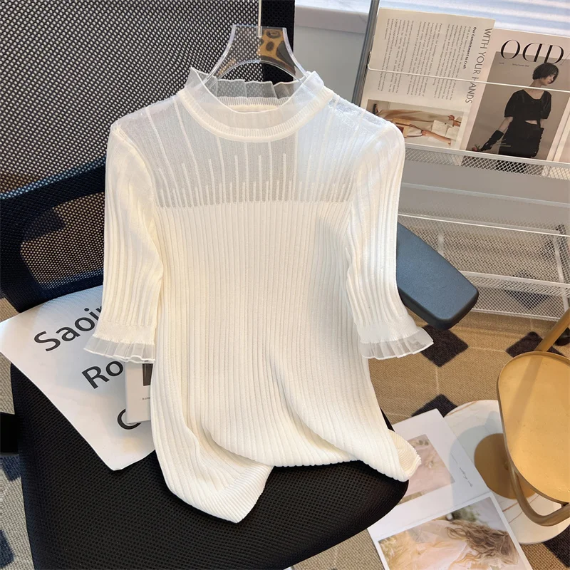 White Hollow Knitted Tshirt Sweater Women 2023 Summer Short Sleeve O-neck Tops Pullover Solid Fashion Workwear Ladies Knitwear