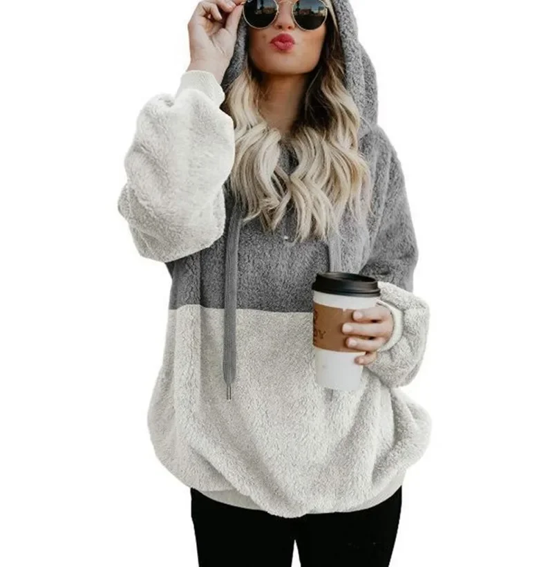 ผู้หญิงสไตล์ใหม่ฤดูใบไม้ร่วง/ฤดูหนาว Splicing Hoodie ศิลปะลําลองกํามะหยี่เสื้อแขนยาวสุภาพสตรีแฟชั่นหลวม Hoodie