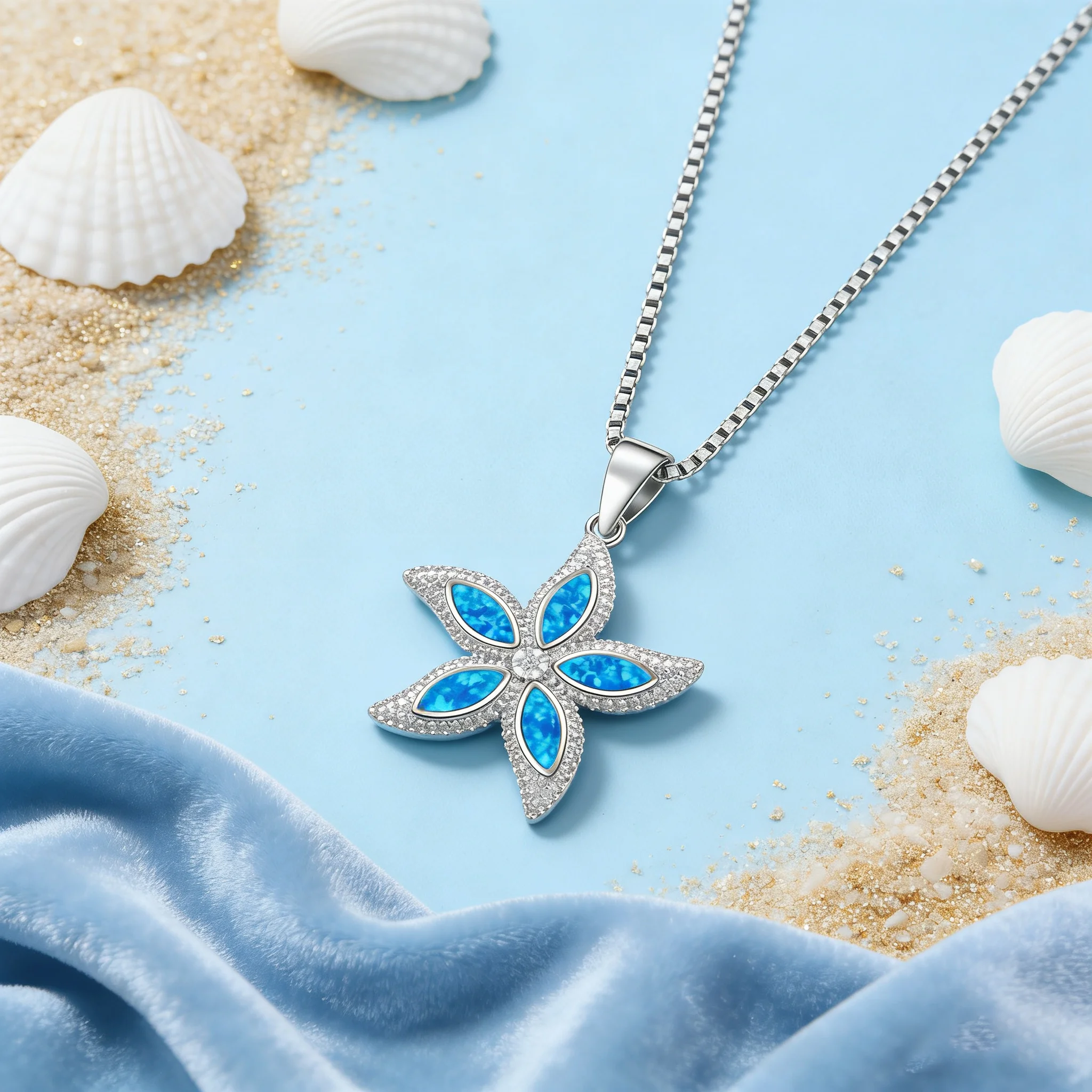 قلادة أنيقة على شكل نجم البحر، فضية مع أوبال أزرق وزركونيا مكعبة، سلسلة هدية مجوهرات المحيط الرائعة قابلة للتعديل للنساء