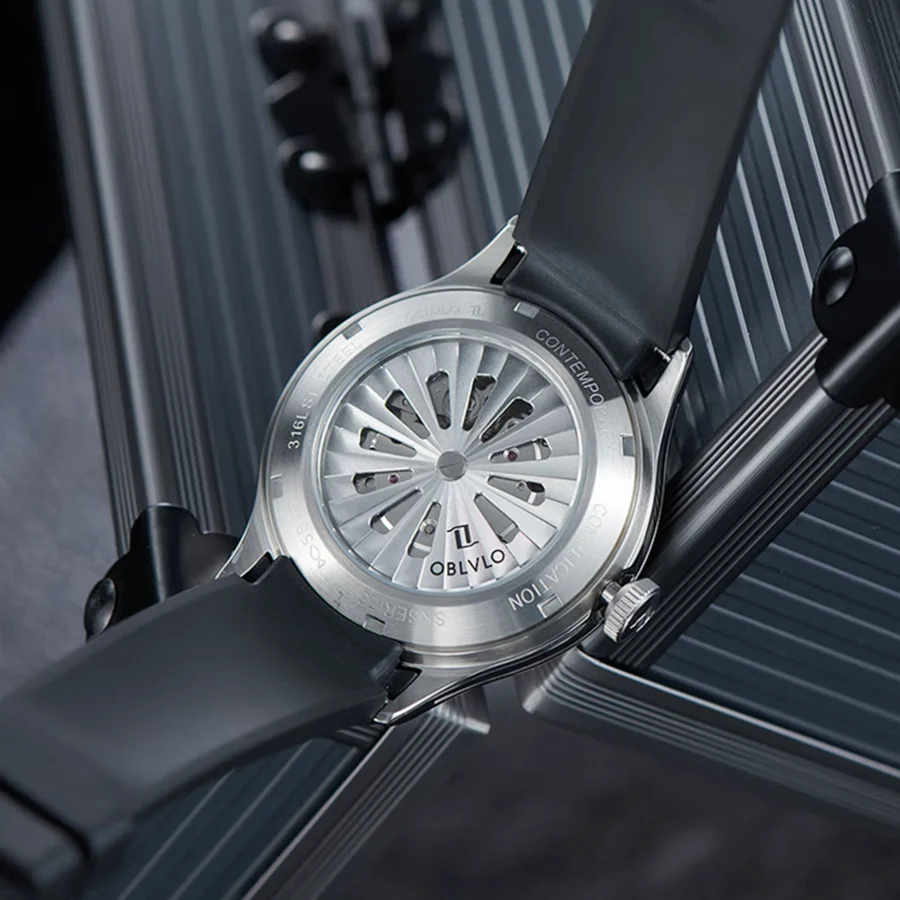 OBLVLO Men's Automatic Mechanical Watch — Luminous, Water-Resistant, Sapphire Crystal, Rotating UFO-Style Hour Marker Disc