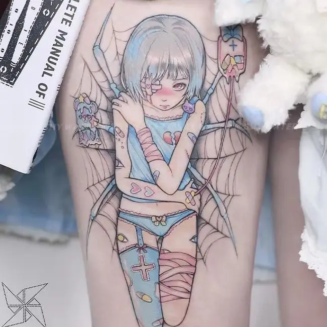 

Cartoon Cute Maid Blue Spider Girl Temporary Tattoos Body Art Waterproof Long-Lasting Fake Tattoo Sticker for Arm Neck Waist