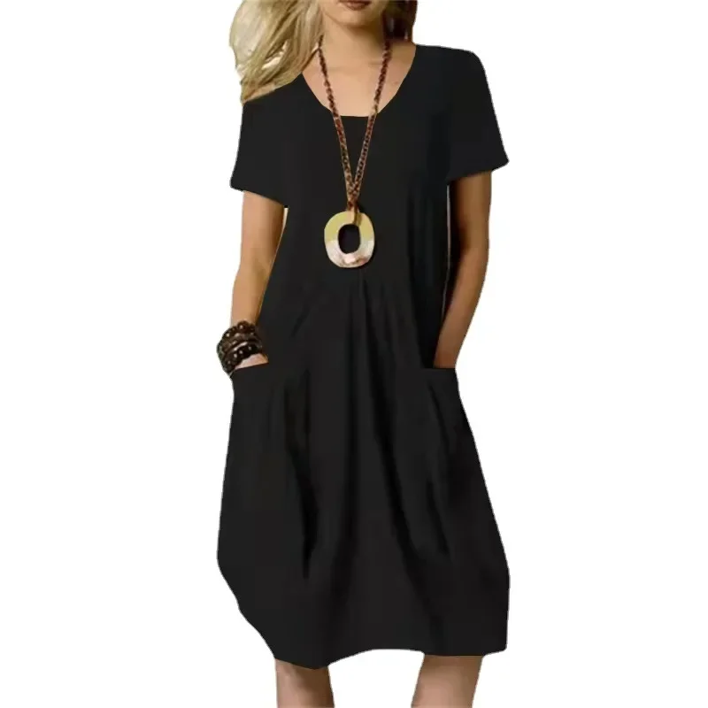 The best-selling cotton and linen solid color loose crew neck short sleeve dress in multiple colors and sizes