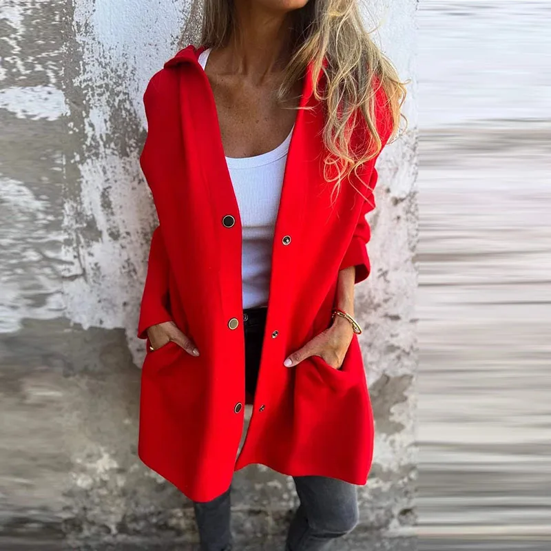 

New 2024 Fall Vintage Single Breasted Solid Color Jacket Casual Pockets Loose Hooded Coat Ladies Elegant Warm Straight Cardigan