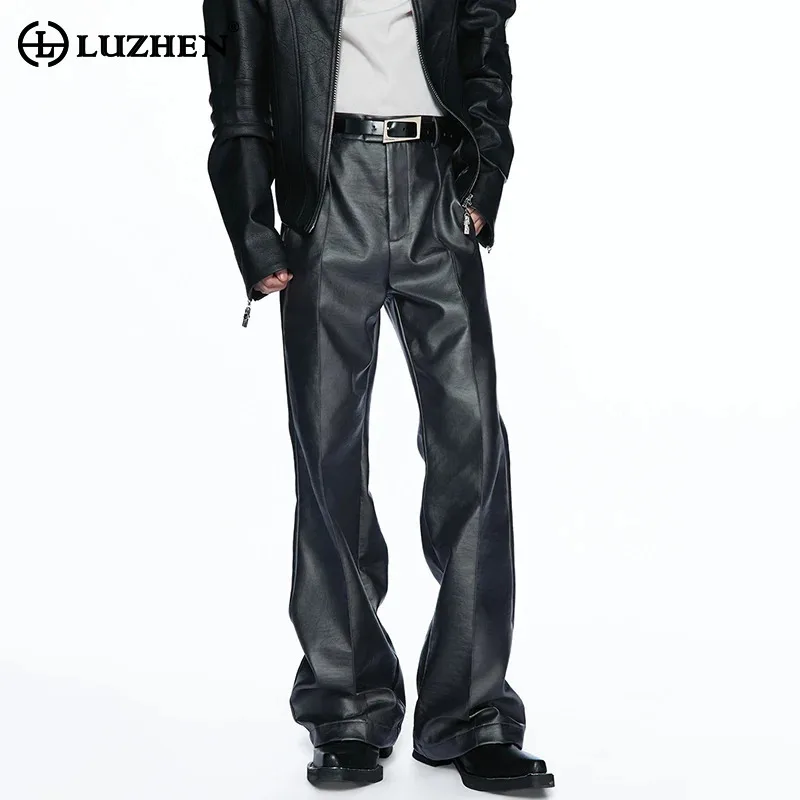 LUZHEN 2026 New Stylish Solid Color High Quality Leather Pants Men's Handsome Textured Wide Leg Bell-bottoms PU Trousers JY9352