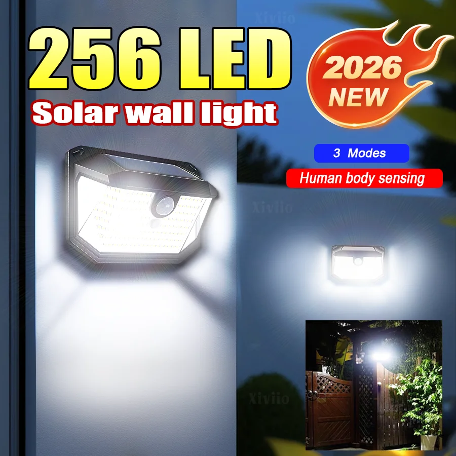 

Новый солнечный настенный светильник 2026 года, 256 LED, с датчиком движения, водонепроницаемый, мощный, для улицы, сада, гаража, улицы