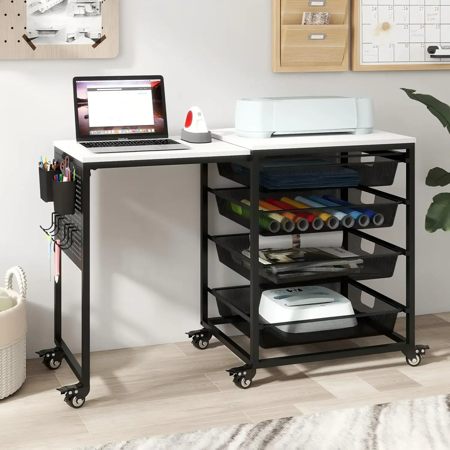 Craft Storage Table with Wheels,Compatible with Cutting Machine Organizer,Extendable Crafting Stand,Craft Cart,Rolling Sewing Ta