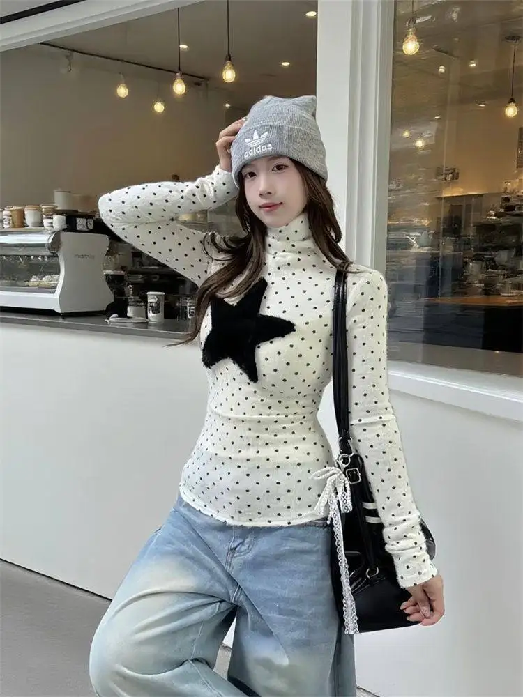 Y2K Polka Dot Tshirt Women Retro Sweet Pile Collar Long Sleeve Korean Style Age Reducing Slimming Top