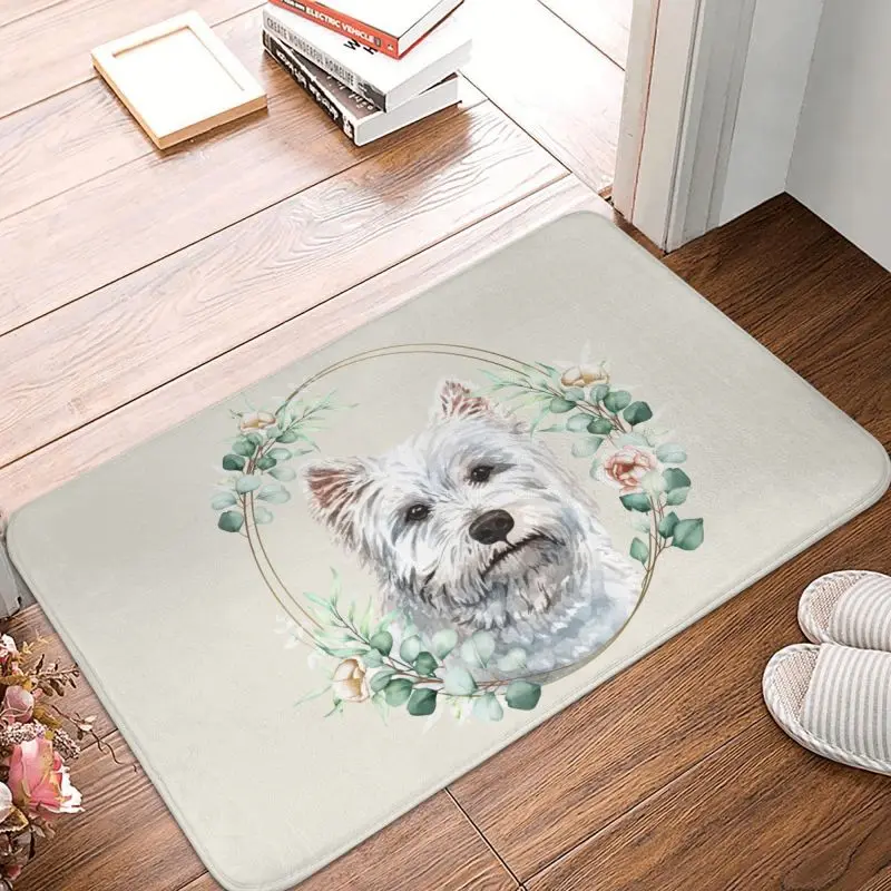 Custom West Highland White Terrier Dog In Floral Gold Wreath Doormat Non-Slip Entrance Door Floor Mat Garage Rug Carpet Footpad