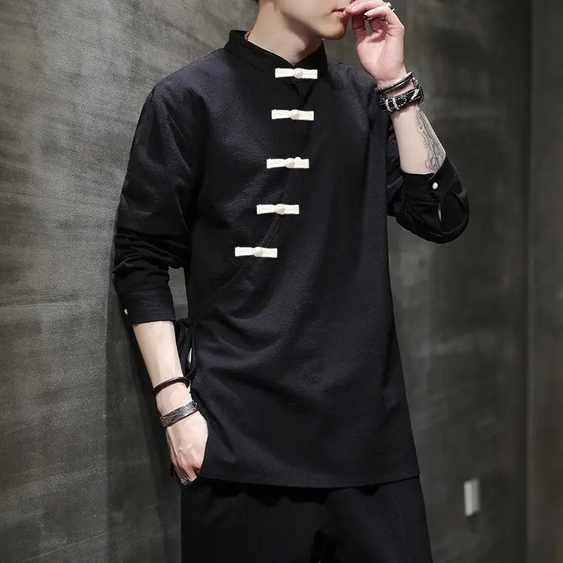 Men's Vintage Chinese Tunic Shirt Modern Streetwear Oversized Top with Decorative Buckle Buttons Solid Color Casual Long Sleeve