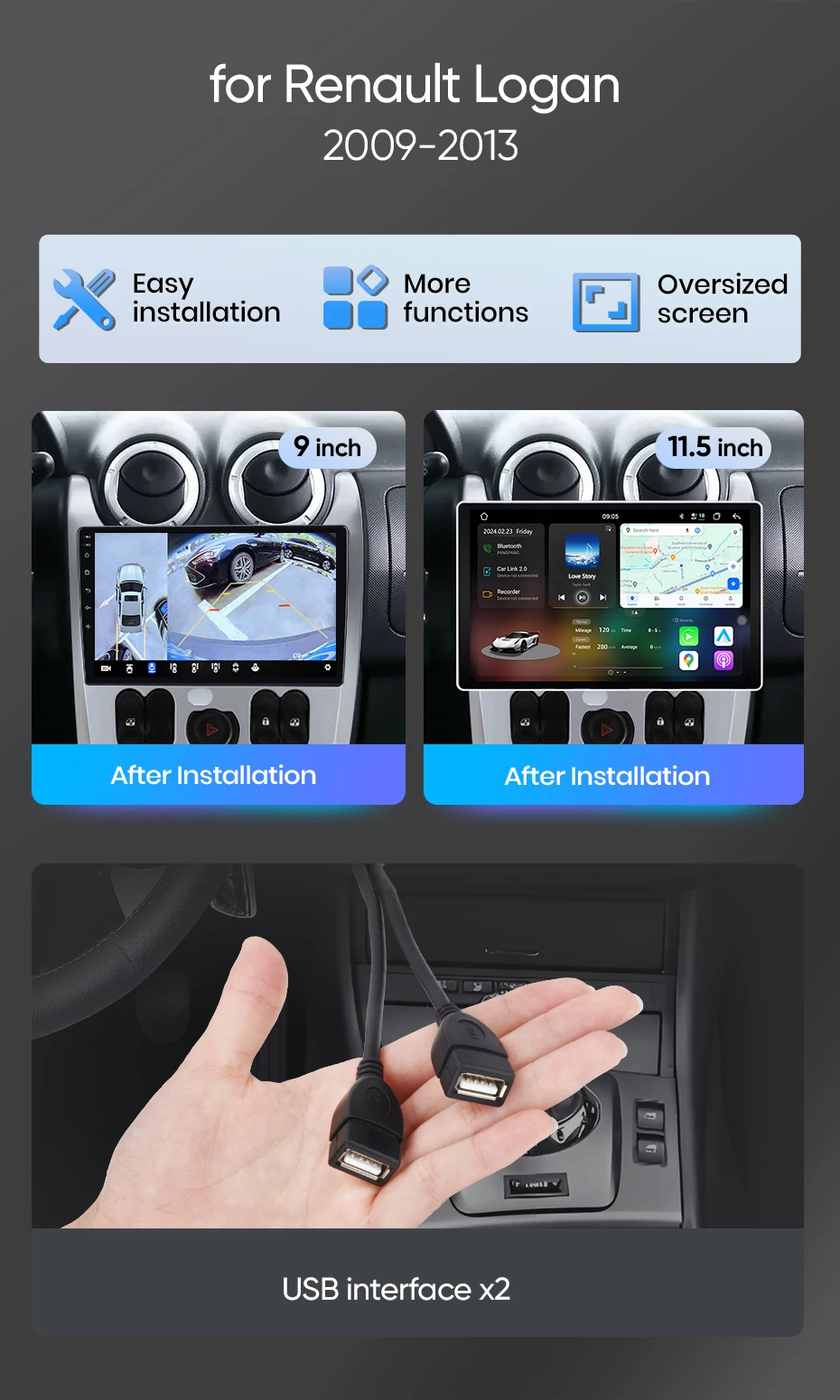 Junsun Android Auto Autoradio für Renault Logan 1 Sandero 2009 2010 2011 2012 2013 Multimedia Wireless Apple CarPlay Smart Intelligent Systems IPS Touchscreen Stereo Video Player 2 Din Autoradio Head Unit Navigation BT GPS 4G WIFI FM AM DSP RDS SWC – Detail 4