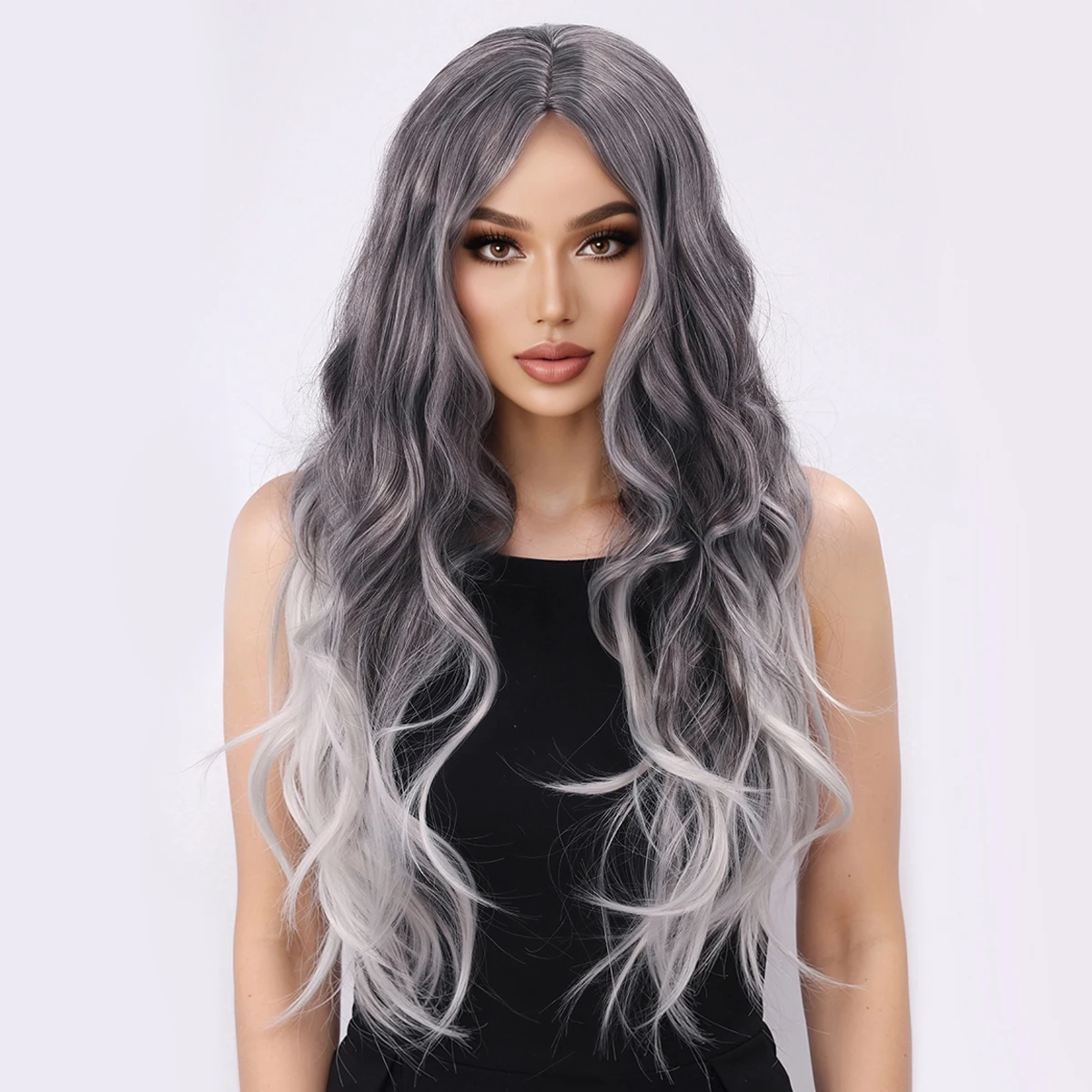 Cross Border New Wig, Women's Long Hair Gray White Gradient Big Wave Mid Split Full Head Cover - Synthetic Fiber Wig
