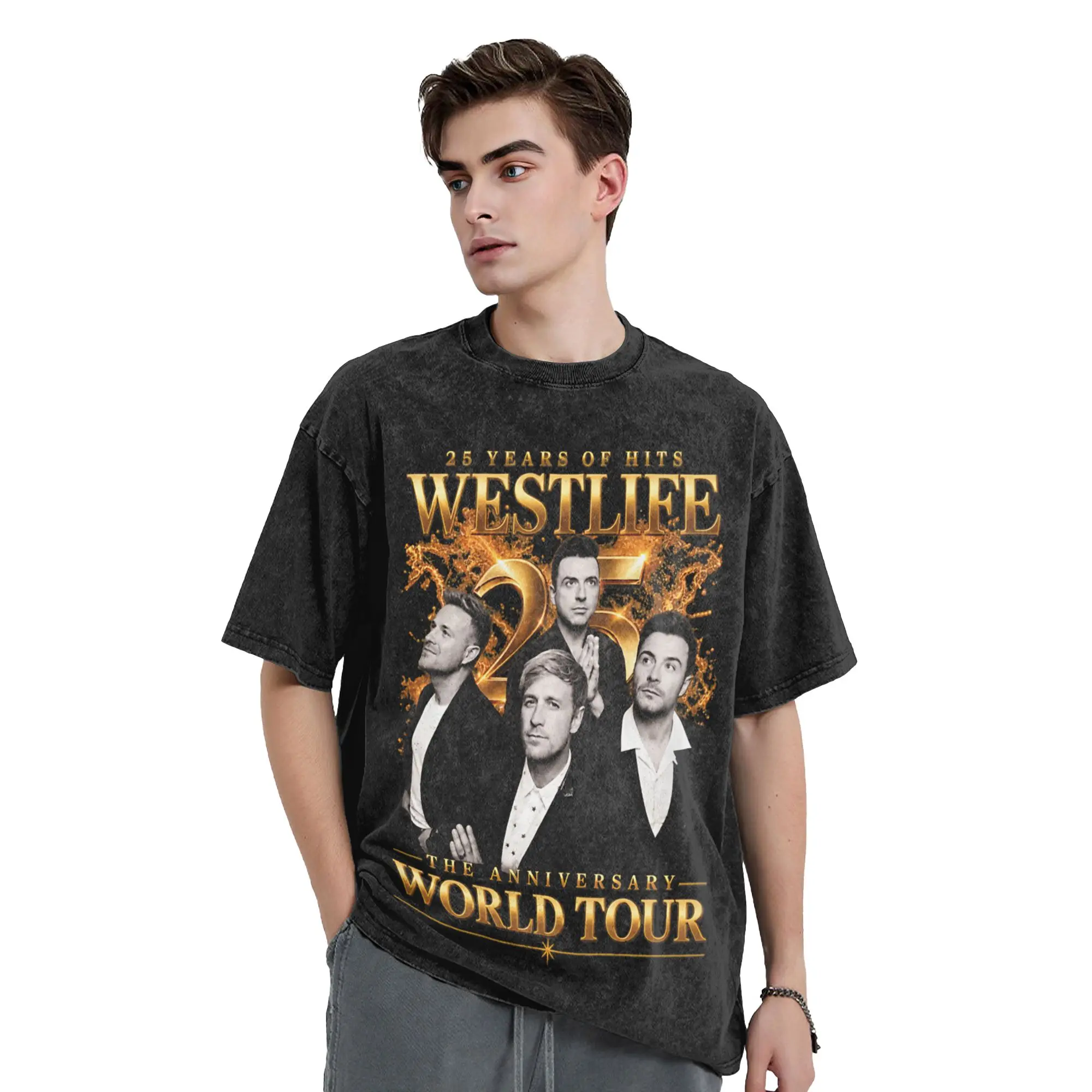 Westlife 25th Anniversary Tour 2026 Men T Shirt Washed  Awesome Tee Shirt Short Sleeve Round Collar T-Shirts 100% Cotton Tops