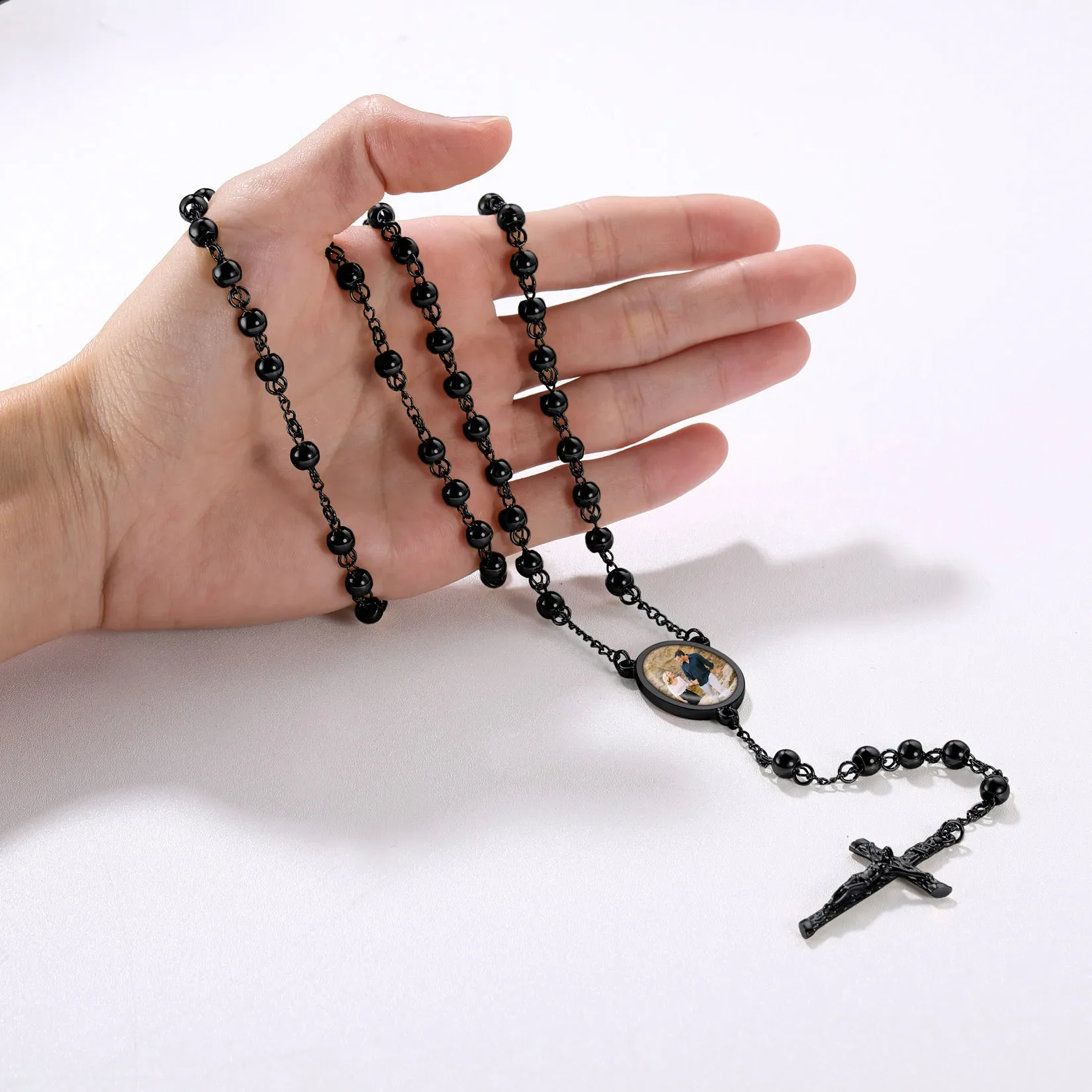 U7 Stainless Steel Metal Beaded Rosary Necklace Custom Photo Engrave Religious Catholic Cross Crucifix Personal Unisex Jewelry