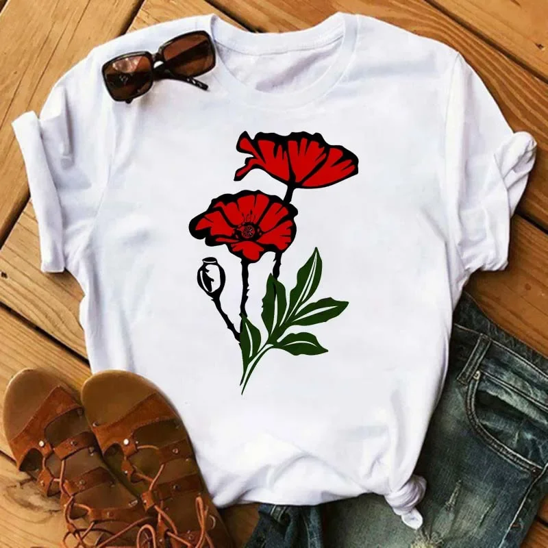 Female T Shirt  New Funny Red Poppy Print Women Summer Harajuku Tees Short Sleeve White Shirts Cartoon Casual Woman Tops