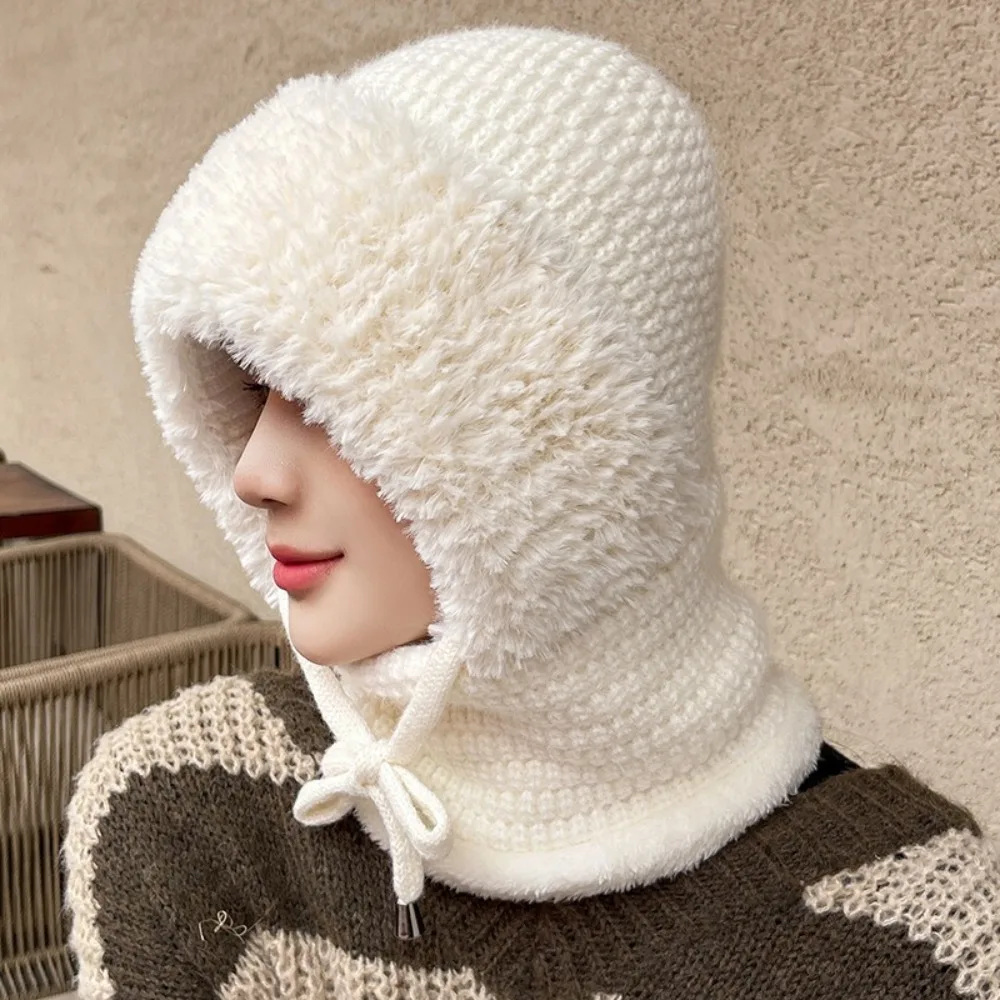 Simple Multi functional Balaclavas Hat With Ties Plush Knitted Beanies Hat Thickened Solid Color Mask Neck Cover Set Female