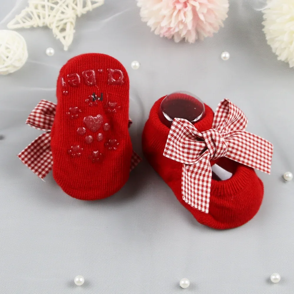 2024 Spring Autumn Newborn Indoor Cotton Socks Bow Infant Anti Slip Socks Baby Girl Socks Rubber Soles Baby Floor Socks cute