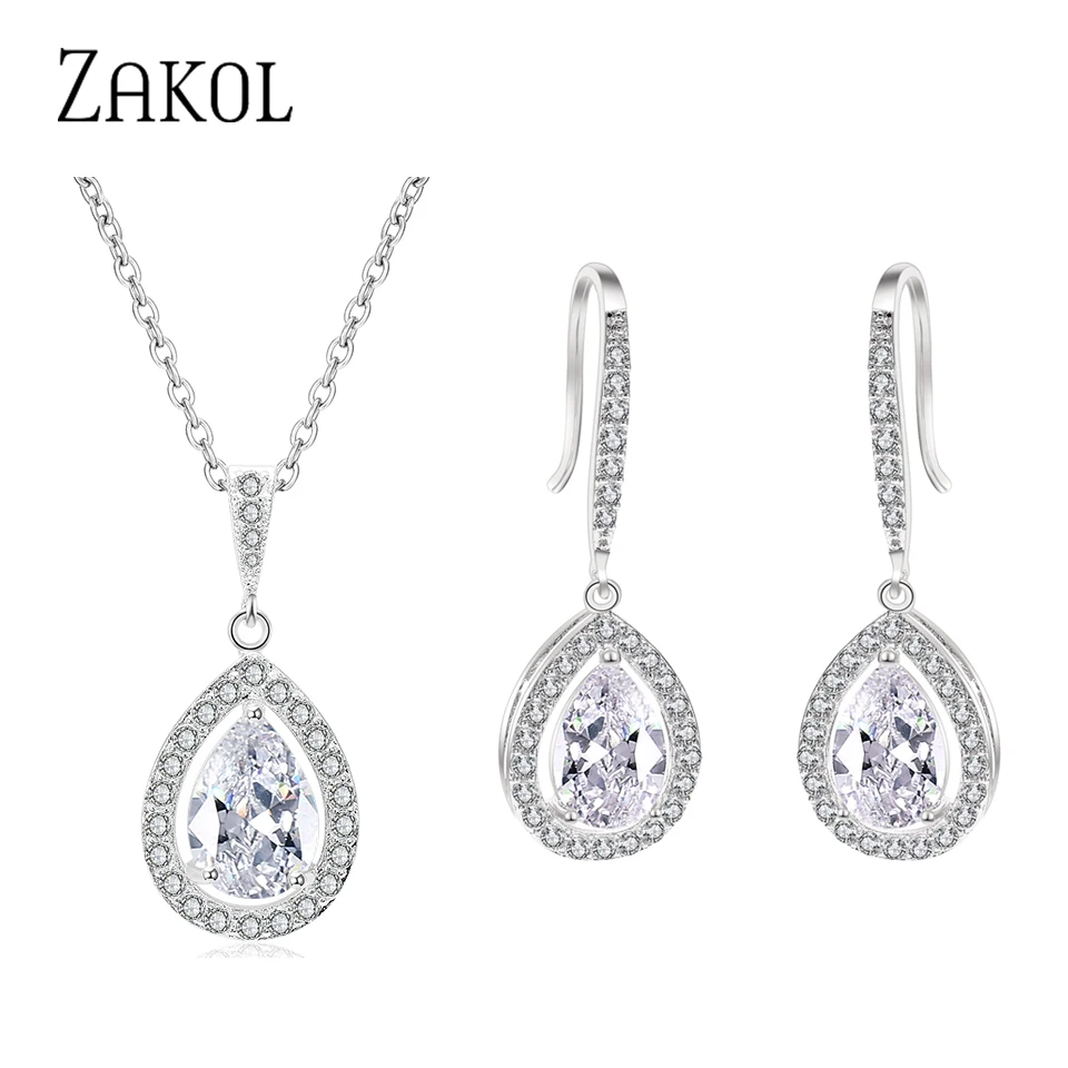 ZAKOL Brand AAA Cubic Zirconia Water Drop Dangle Earrings Fashion Bridal Wedding Party Jewelry Set Gift