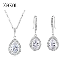 ZAKOL Brand AAA Cubic Zirconia Water Drop Dangle Earrings Fashion Bridal Wedding Party Jewelry Set Gift