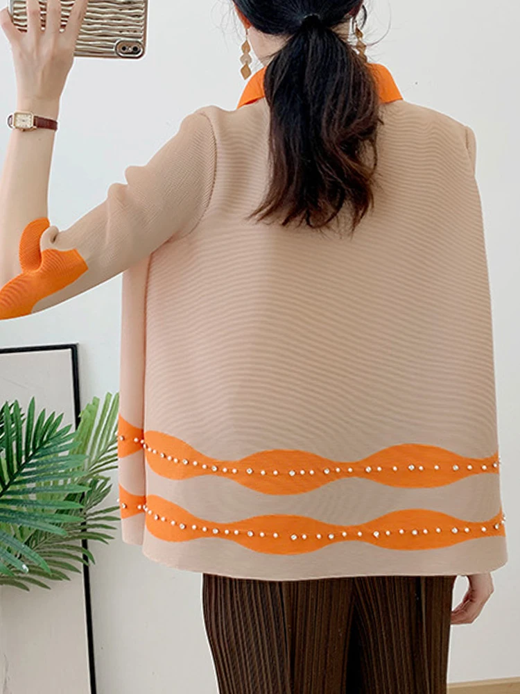 LANMREM Contrast Color Pleated Shirt Women Casual Lapel Half Sleeves Single Breasted Tops 2023 Fashion New Clothing 2AA1501