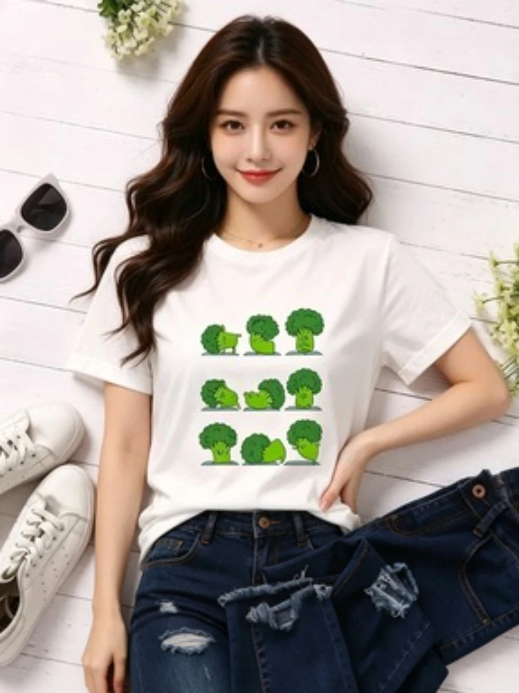 Camiseta divertida de brócoli para mujer, camiseta de dibujos animados de verduras de verano, camiseta multicolor con estampado vegano Harajuku, ropa femenina, Top Y2K