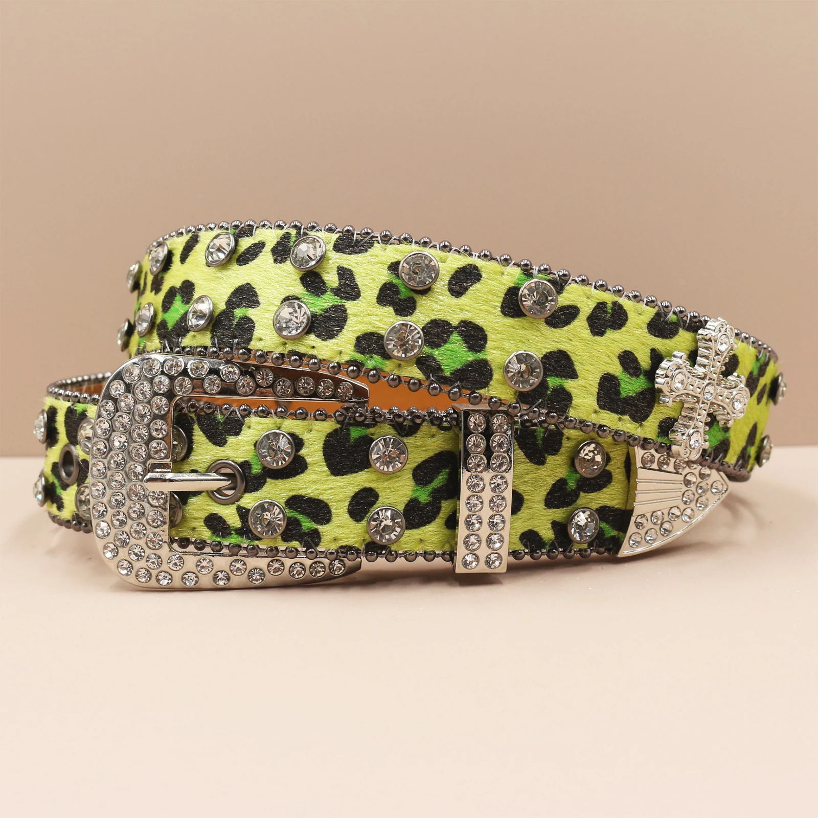 3.3cm Leopard print Berlian Eropa Dan Amerika Cross Border, Bertatahkan Berlian Pria, Berlian Berkilau, Hip Hop Punk belts
