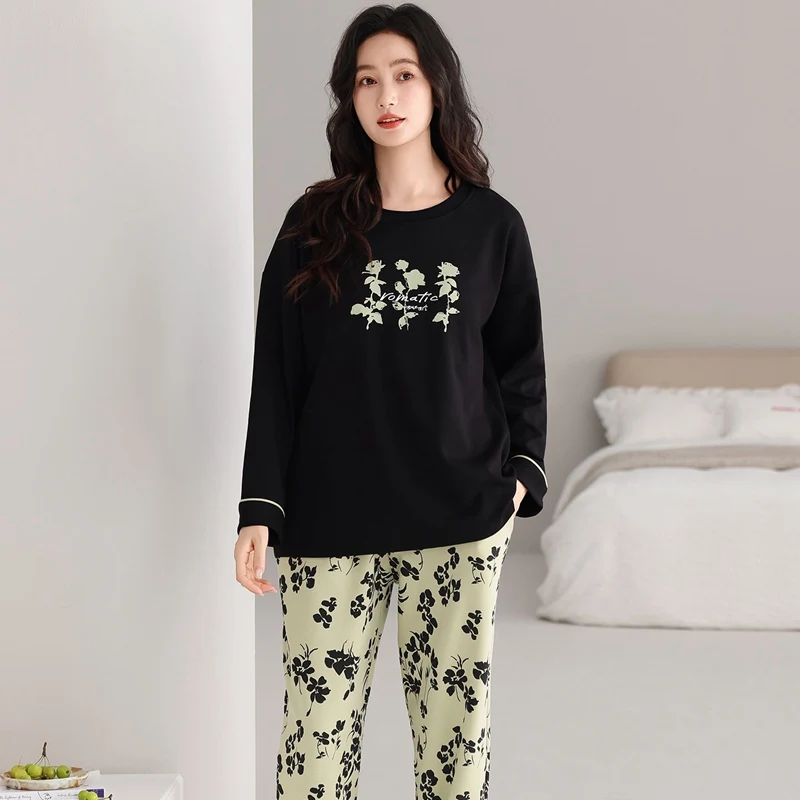 

2025 Autumn Plus Size Long Sleeve 100% Cotton Print Pajama Sets for Women Korean Sleepwear Pyjama Pijama Mujer Homewear Clothes