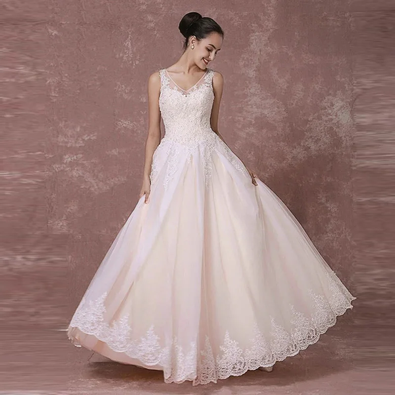 Delicate A-line Wedding Dress Illusion Appliques Lace Long Dress V-neck Lace Up Engagement Vestido De Casamento Drop Shipping