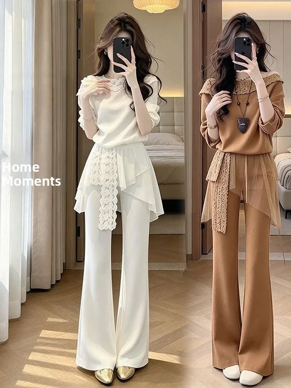 Fashionable High-Quality Women's Autumnal Slimming Lace Panel Wide Leg Pants Set round Neck Long Sleeve Casual Style Two-Piec...