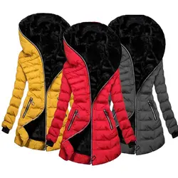Damesjas met capuchon, lange mouwen, katoenen gewatteerde fleecevoering, middellange jas met ritssluiting, warm, stijlvol