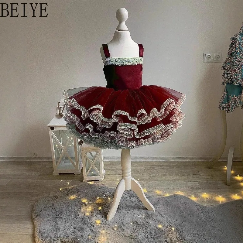 

Burgundy Christmas Girl Princess Dress Sleeveless Catwalk Sweet Flower Tutu Dress Children's Wedding Party Strap Dress