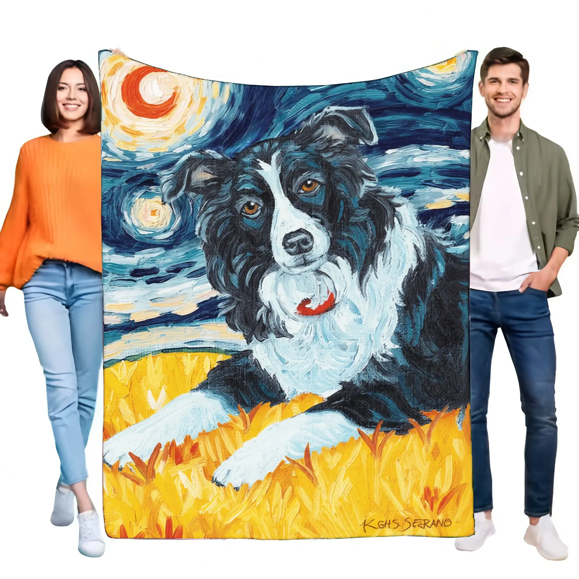 Artistic Border Collie Blanket with Van Gogh Style Night Sky, Cozy Throw Featuring Black and White Dog in Golden Grass, Unique H