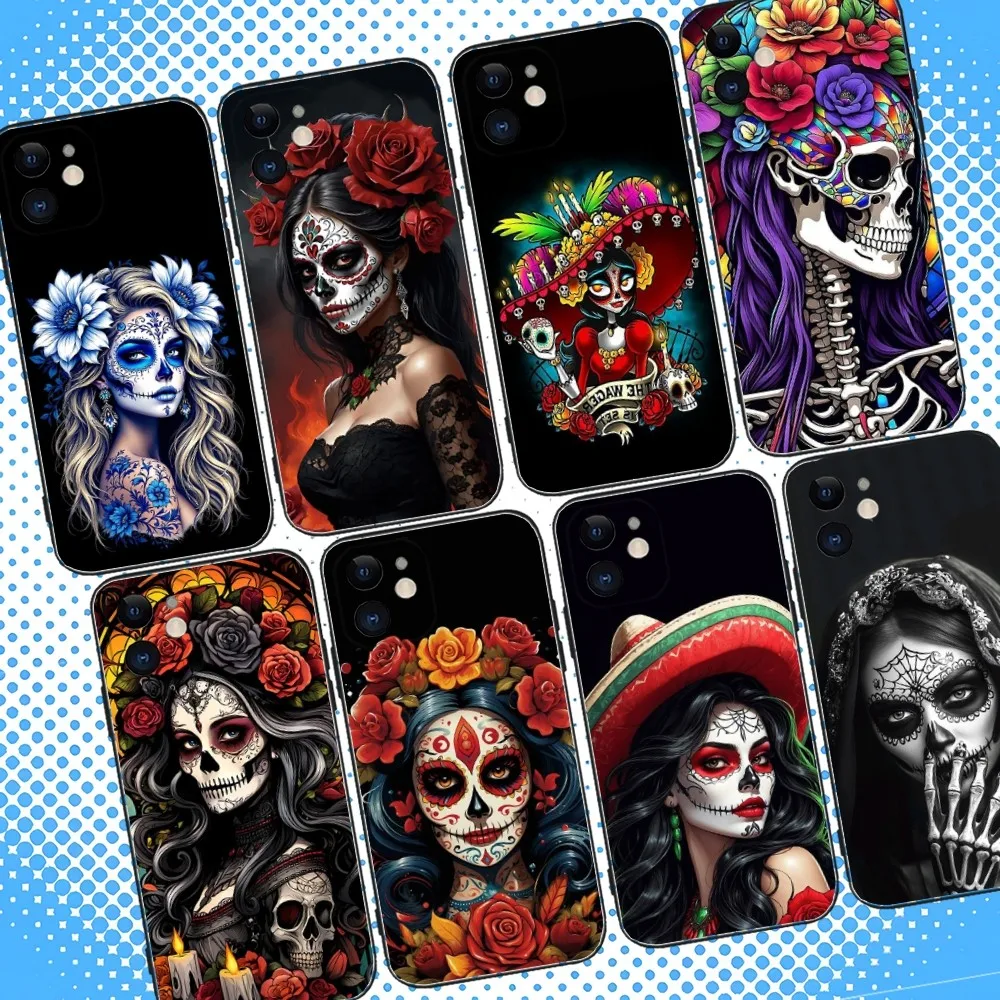 

Mexican Catrina Skull Phone Case For iPhone 16,15,14,13,12,11,Pro,Max,Plus,X,XS,XR,SE,8,7,Mini,Soft Silicone Black Case