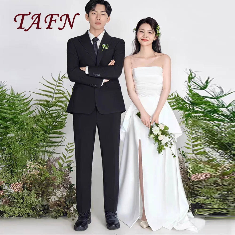 

TAFN Simple Strapless Wedding Dresses Customized A Line Korea Photos Shoot Dress Pleats Satin Bridal Gowns Sleeveless Two-layer