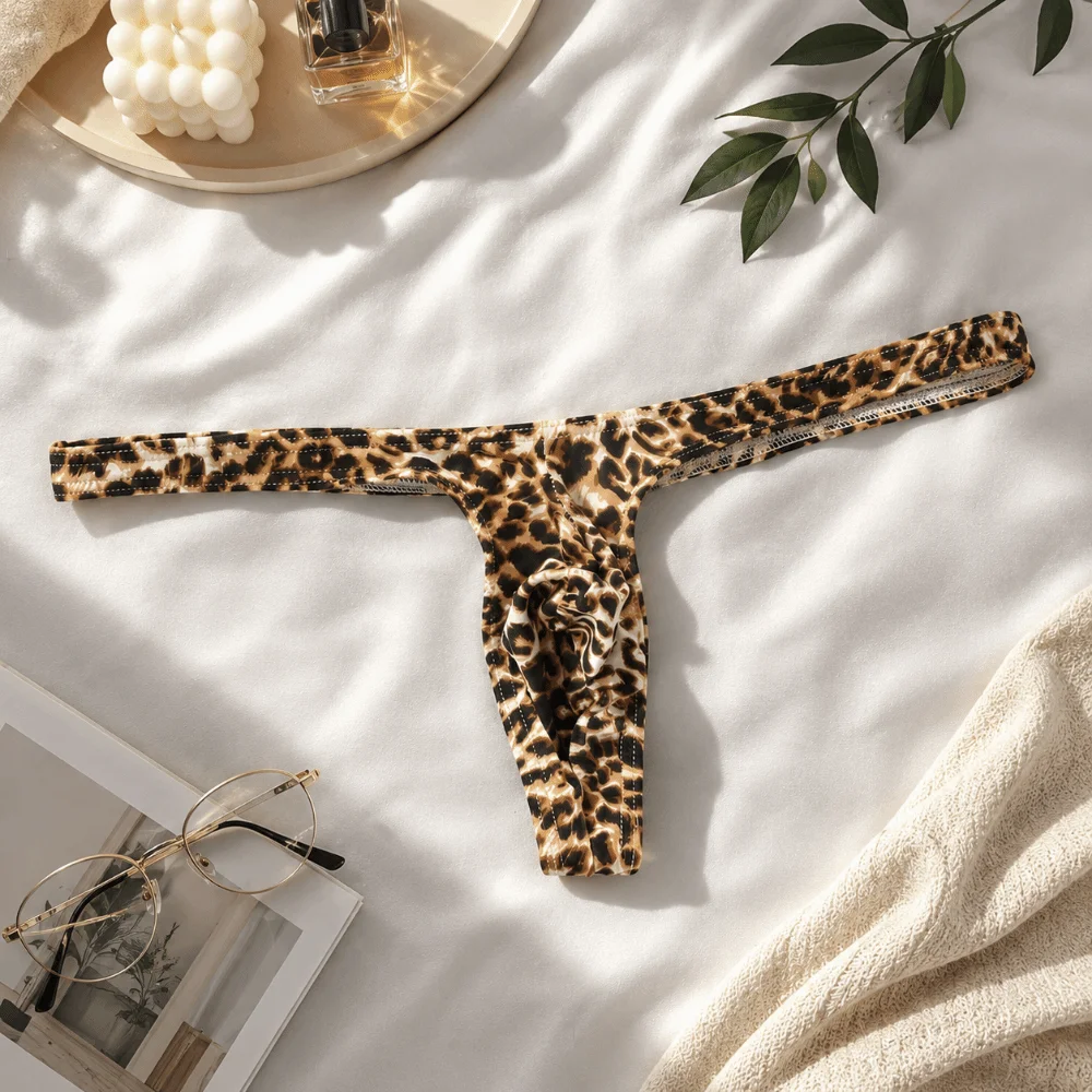 Breathable T-back Leopard Thong Low Waist U Bulge Pouch Men Panties Lingerie Leopard Print Briefs Home Wear