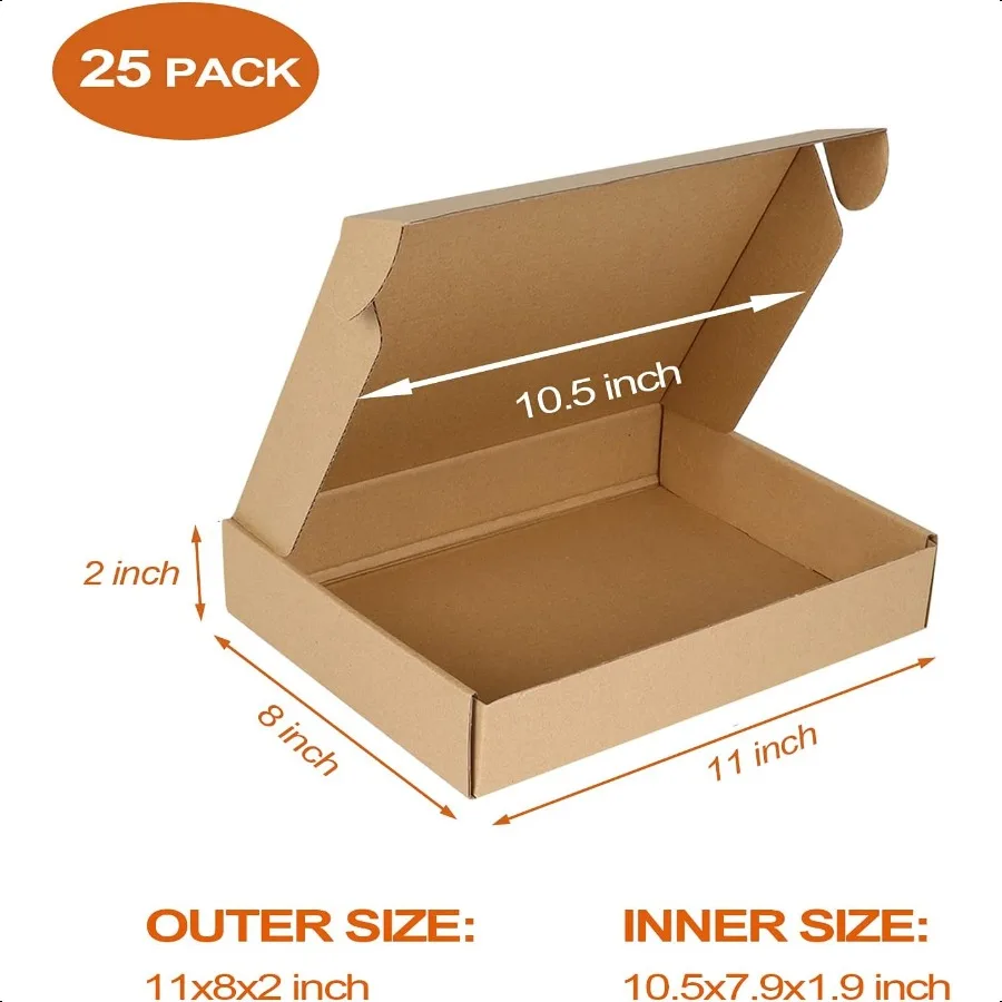 Cajas de envío de 11x8x2 pulgadas a granel, paquete de 25 cajas de correo con cierre de pestaña marrón para embalaje, Bo de regalo de cartón mediano de negocios pequeños