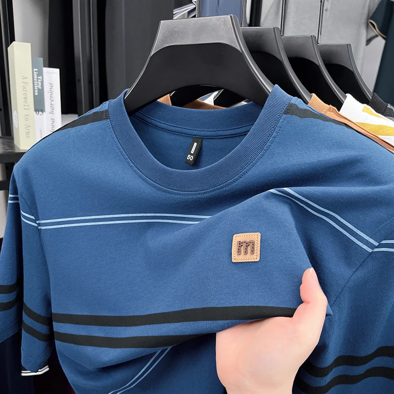 

Мужская полосатая футболка с коротким рукавом из 100% чистого хлопка с круглым вырезом, летняя повседневная мягкая, мягкая, уютная, не скатывается, не выцветает, большие размеры, новинка