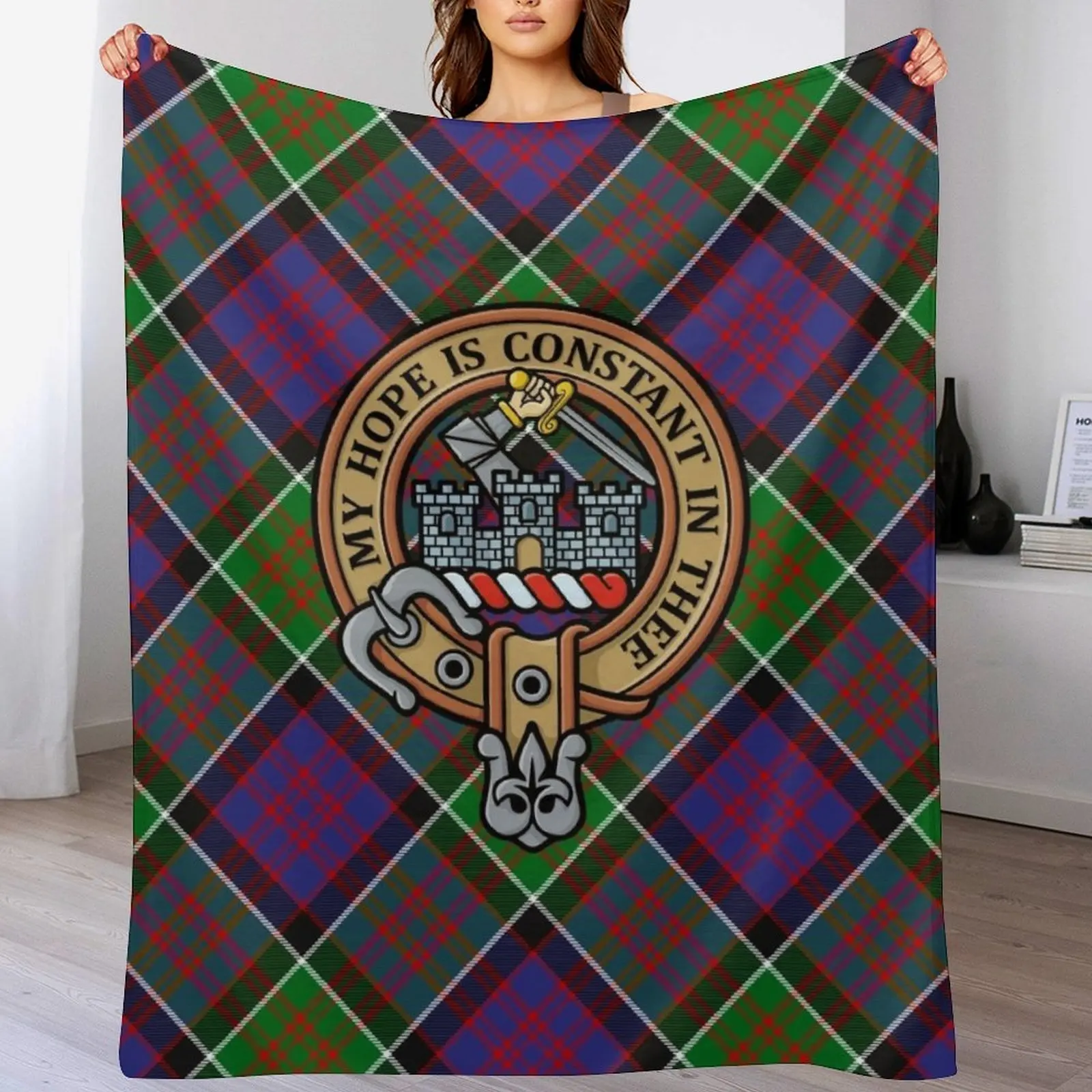 Clan MacDonald of Clanranald Crest over Tartan Throw Blanket Versatile Cozy Throw Blanket for All Occasions