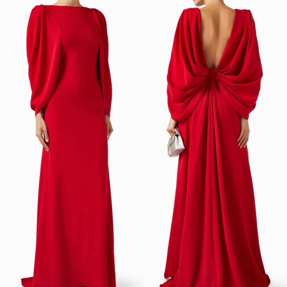 

Customized Elegant Classic Jersey Ruched Pleat Straight Scoop Neck Long Dresses Evening Dresses Sizes Available Modern Style