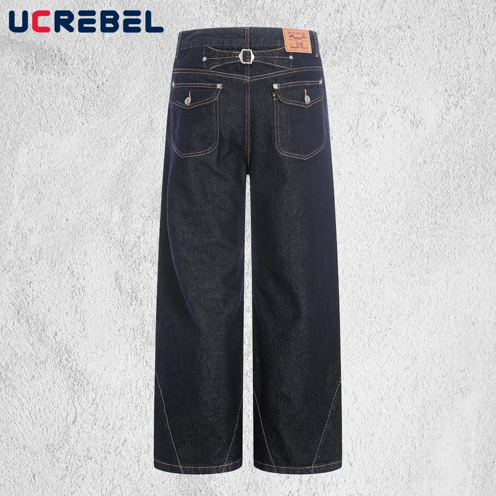 Topstitch Draping‌ Jeans Mens Retro Casual Loose Straight-leg Denim Pants Man