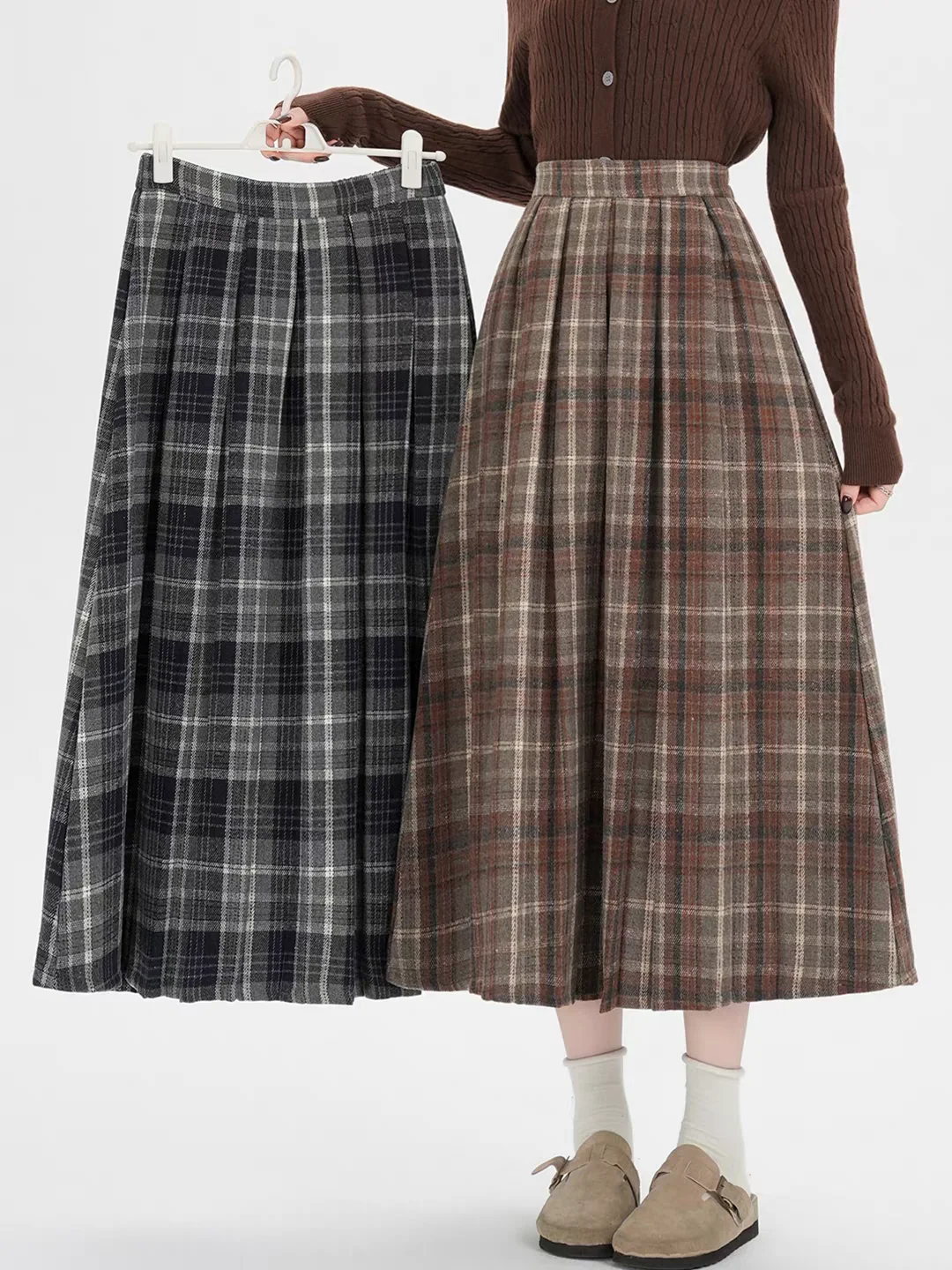2026 Fall Winter Women‘s Plaid Pleated Midi Skirts High Waist A-Line Flared Swing Skirt Casual College Style