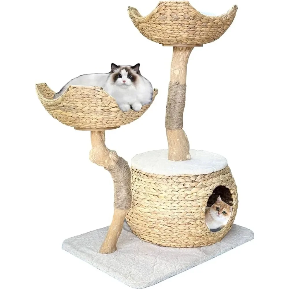 Cat Tree Tower for Large Cats, House with Scratching Tree, Made from Coffee Wood and Water Hyacinth Brand