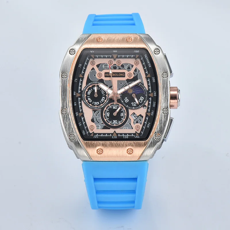 Skeletonized men's business sports multi-functional perpetual calendar quartz watch, perpetual calendar tape wristwatchbronze