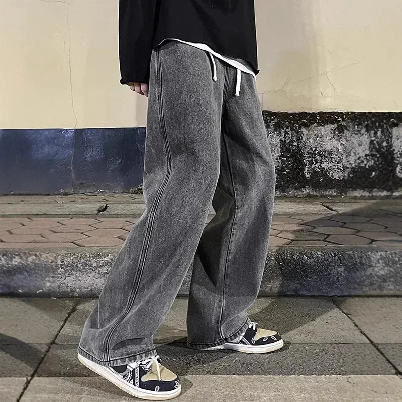 2024年新作 ストリート系 ルーズジーンズ メンズ 韓国風 ファッション ルーズストレート ワイドレッグパンツ メンズブランド服 ブラック ライトブルー