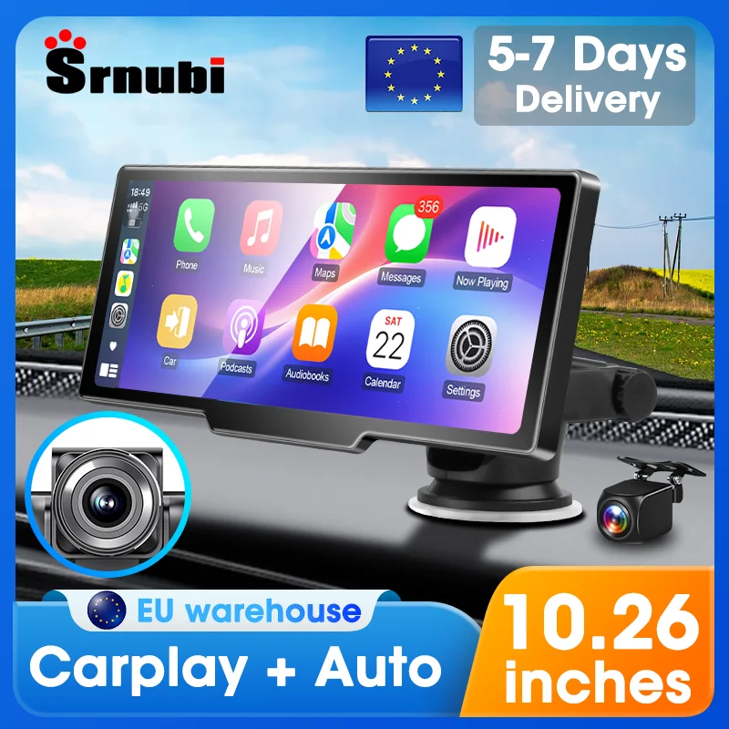 Srnubi 10.26 "Monitor Carplay per Auto Android Auto 4K Dashcam Lettore Multimediale Telecamera Retrovisore Navigazione Cruscotto Registrazione Video