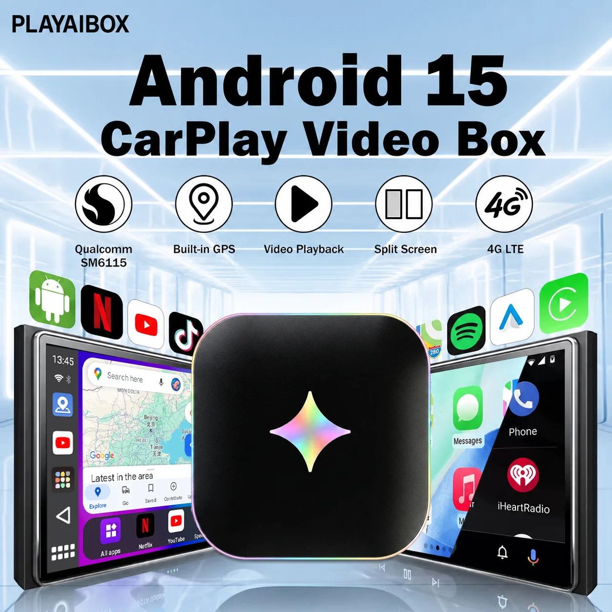 Android 15 CarPlay AI Box Qualcomm SM6115 Built-in GPS Plug & Play Car Multimedia Player Support Netflix YouTube Streaming Apps